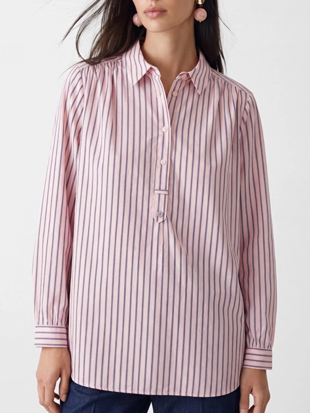 Women's Pink Stripe Button-Front Tunic Shirt